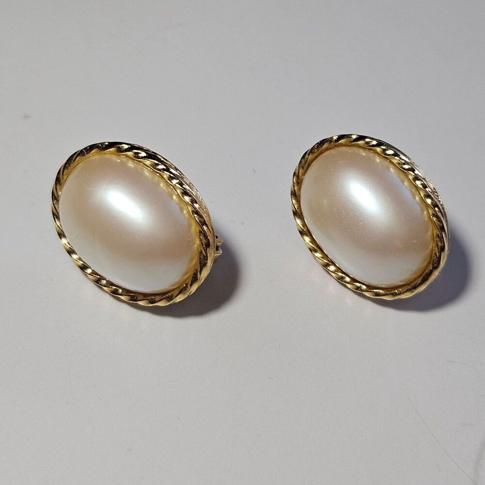 Gold Tone Richelieu Faux Pearl Oval Earrings Vintage